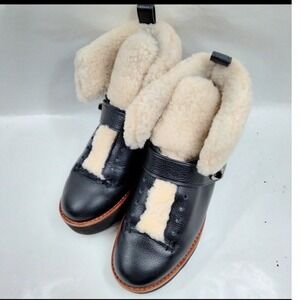 Coach Urban Hiker Black Leather Cream Shearling Chunky Platform Pull On Boots 5B